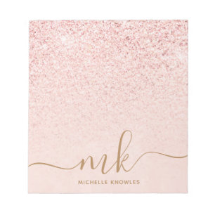 Trendy Rose Gold Glitter Fancy Initials and Name Notepad