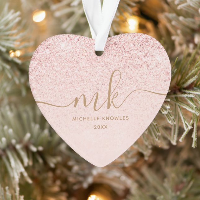 Trendy Rose Gold Glitter Fancy Initials and Name Ornament (Tree)