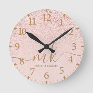 Trendy Rose Gold Glitter Fancy Initials and Name Round Clock