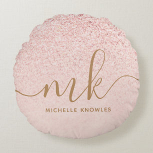 Trendy Rose Gold Glitter Fancy Initials and Name Round Pillow