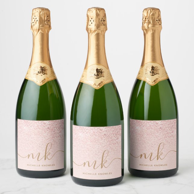 Trendy Rose Gold Glitter Fancy Initials and Name Sparkling Wine Label (Bottles)