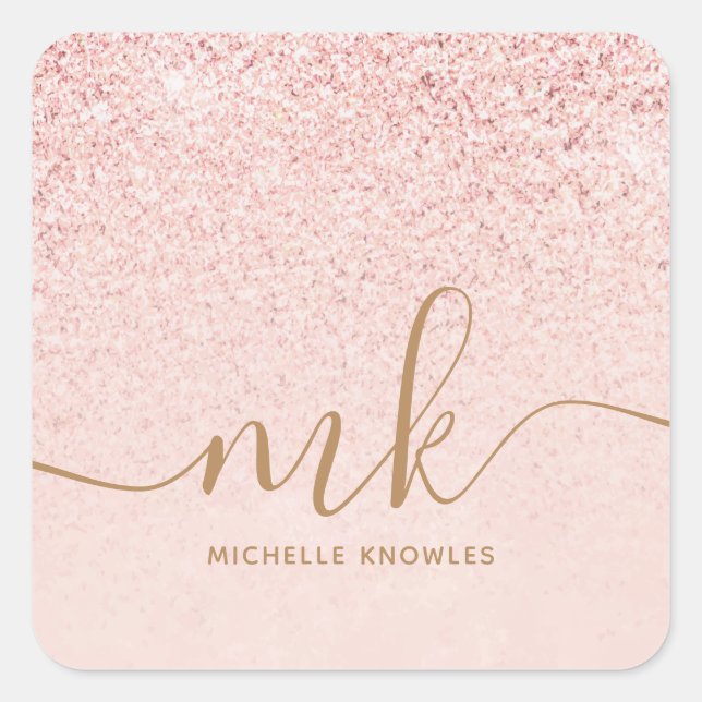 Trendy Rose Gold Glitter Fancy Initials and Name Square Sticker (Front)