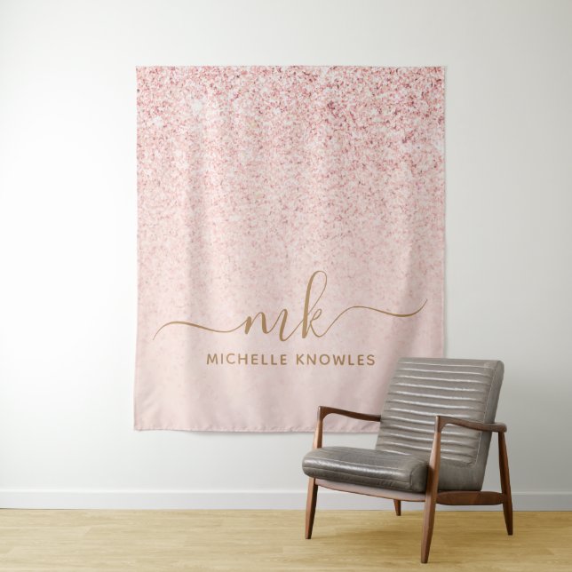 Trendy Rose Gold Glitter Fancy Initials and Name Tapestry (In Situ)