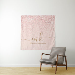 Trendy Rose Gold Glitter Fancy Initials and Name Tapestry