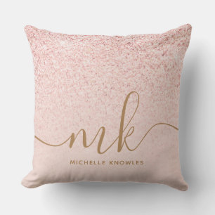 Trendy Rose Gold Glitter Fancy Initials and Name Throw Pillow