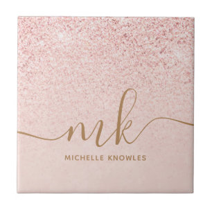 Trendy Rose Gold Glitter Fancy Initials and Name Tile