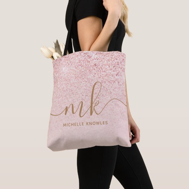 Trendy Rose Gold Glitter Fancy Initials and Name Tote Bag (Close Up)