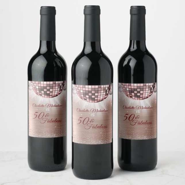 Trendy Rose Gold Glitter Glam 50 & Fabulous Disco Wine Label (Bottles)