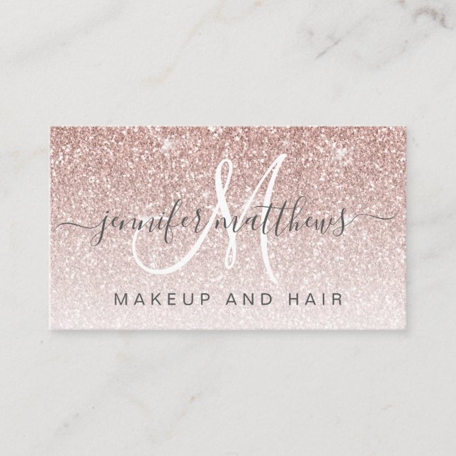 Trendy Rose Gold Glitter Makeup Artist Hair Salon Business Card (Front)