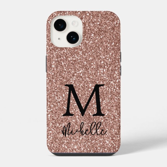 Trendy Rose Gold Glitter Monogram Initial Name  iPhone Case (Back)