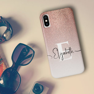 Trendy Rose Gold Glitter Monogram Script Name Case-Mate iPhone 14 Case