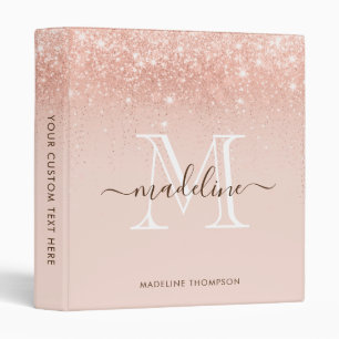 Trendy Rose Gold Glitter Script Monogram Binder