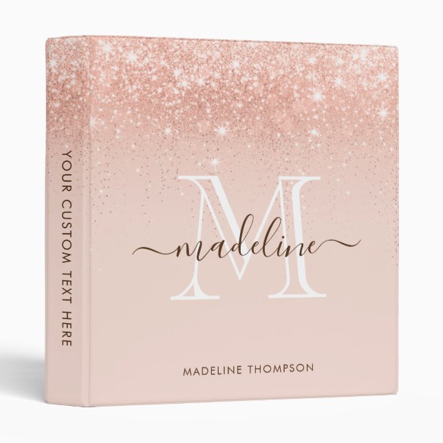 Trendy Rose Gold Glitter Script Monogram Binder (Front/Spine)