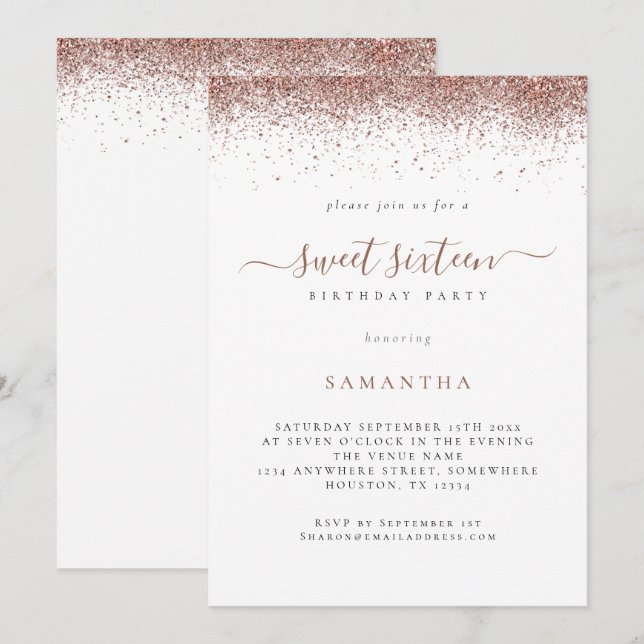 Trendy Rose Gold Glitter Script Sweet 16 Invitation (Front/Back)
