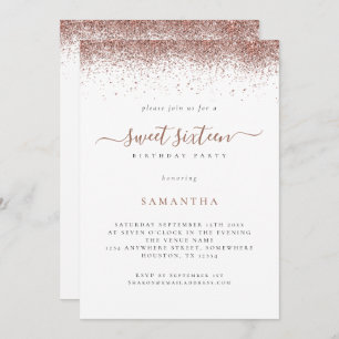 Trendy Rose Gold Glitter Script Sweet 16 Invitation