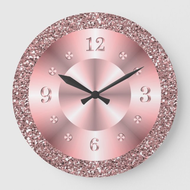 Trendy Rose Gold Glitter Sparkle  Large Clock (Front)