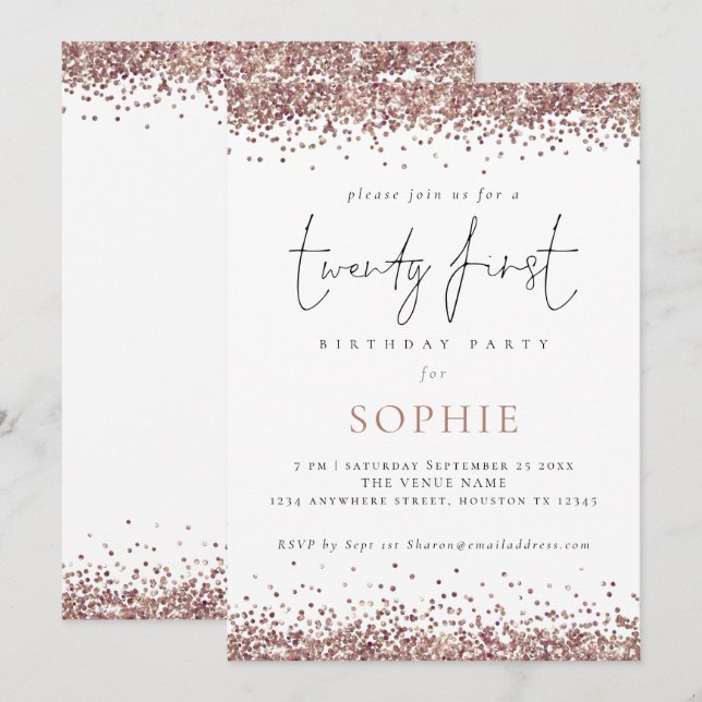 Trendy Rose Gold Glitter Twenty First Party Invitation (Front/Back)