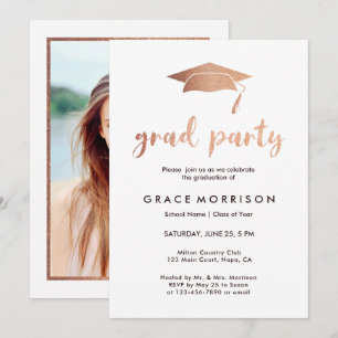 Trendy Rose Gold Graduation Party Photo Invitation
