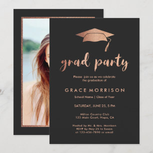 Trendy Rose Gold Graduation Party Photo Invitation