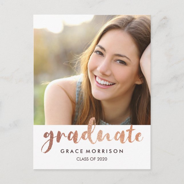 Trendy Rose Gold Graduation Party Photo Invitation Postcard (Front)