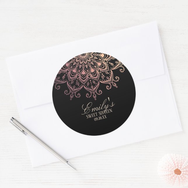 Trendy Rose Gold Mandala Sweet 16 Classic Round Sticker (Envelope)