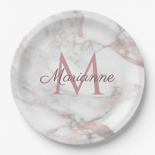 Trendy Rose Gold Marble Design Monogram Template Paper Plate (Front)