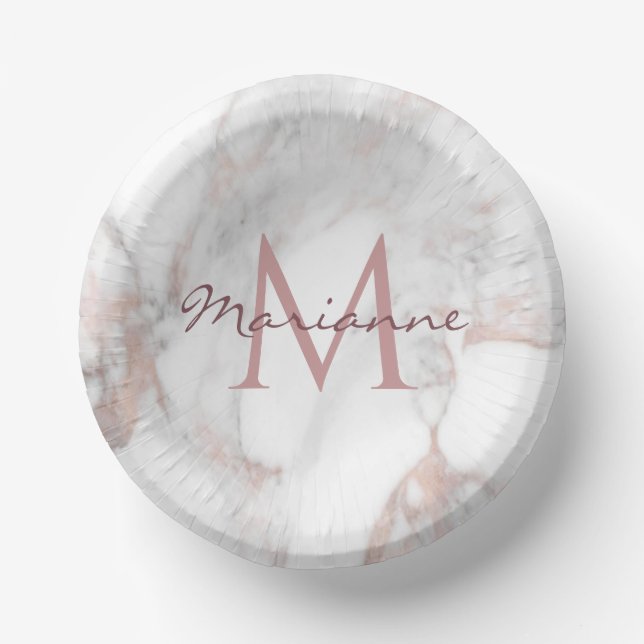 Trendy Rose Gold Marble Monogram Elegant Template Paper Plate (Front)