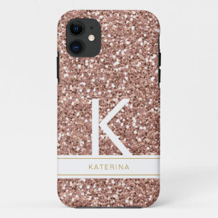 Trendy Rose Gold Pink Glitter Modern Monogram Name iPhone 11 Case