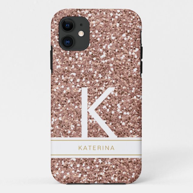 Trendy Rose Gold Pink Glitter Modern Monogram Name Case-Mate iPhone Case (Back)