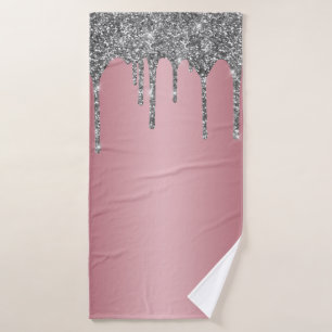 Trendy Rose Gold Pink Silver Glitter Drips Sparkle Bath Towel Set