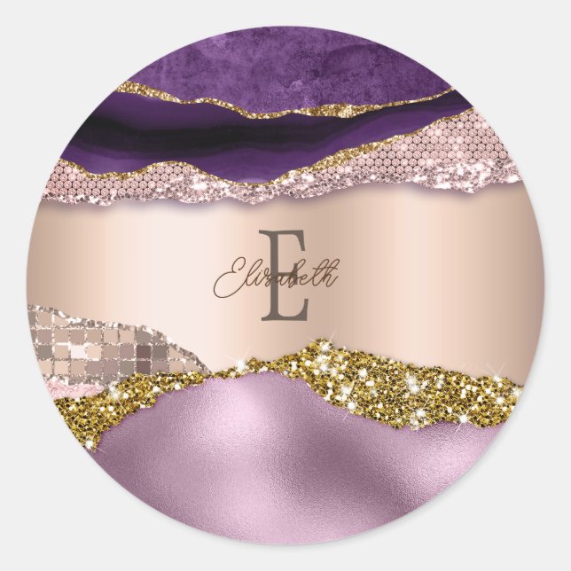 Trendy Rose Gold Purple Glitter Monogram iPhone Classic Round Sticker (Front)