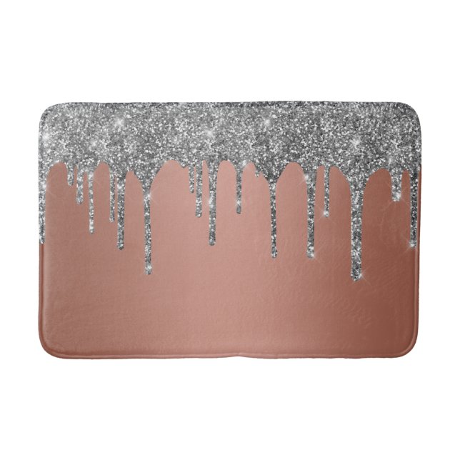 Trendy Rose Gold Silver Glitter Drips Sparkle Bath Mat (Front)