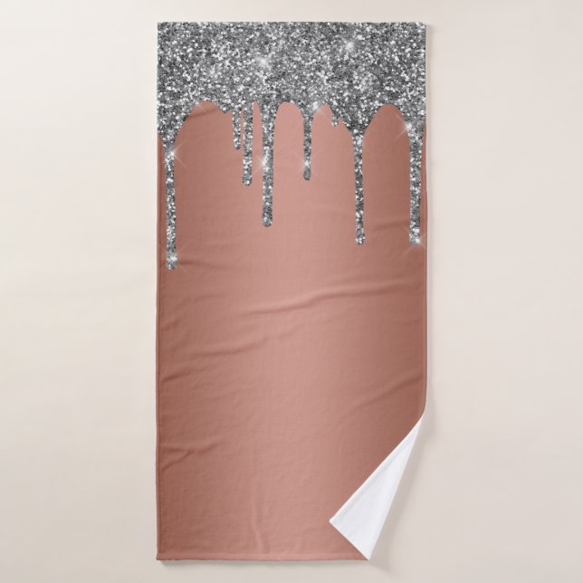 Trendy Rose Gold Silver Glitter Drips Sparkle Bath Towel Set (Bath Towel)