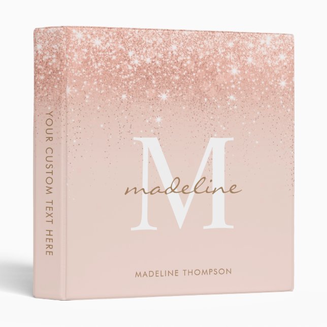 Trendy Rose Gold Sparkling Glitter Monogram Binder (Front/Spine)