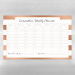 Trendy Rose Gold Stripes Weekly Planner Calendar Magnetic Dry Erase Sheet<br><div class="desc">Trendy Rose Gold Foil Stripes with white, personalized Text, name, or business information. Elegant chic and stylish. Simple minimal design - Photography Studio, Hair Salon, Shop Boutique, etc Personal or Business Custom Weekly personal or business to-do planner calendar! ~ Check my shop to see the entire Office suite for this...</div>