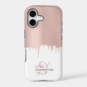 Trendy Rose Pink Gold Metallic Drips Monogram