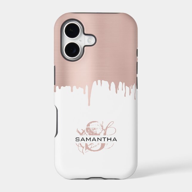 Trendy Rose Pink Gold Metallic Drips Monogram (Back)