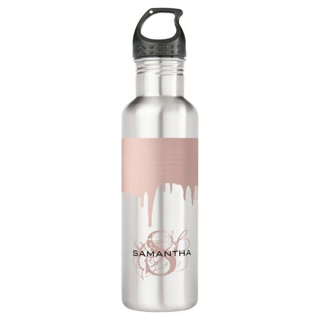 Trendy Rose Pink Gold Metallic Drips Monogram  710 Ml Water Bottle (Front)