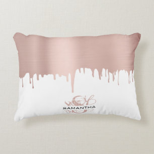 Trendy Rose Pink Gold Metallic Drips Monogram Accent Pillow