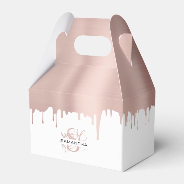Trendy Rose Pink Gold Metallic Drips Monogram Favor Box (Front Side)