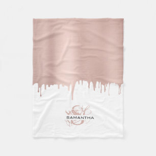 Trendy Rose Pink Gold Metallic Drips Monogram Fleece Blanket