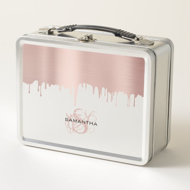 Trendy Rose Pink Gold Metallic Drips Monogram Metal Lunch Box (Front)