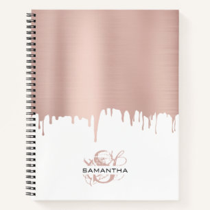 Trendy Rose Pink Gold Metallic Drips Monogram Notebook
