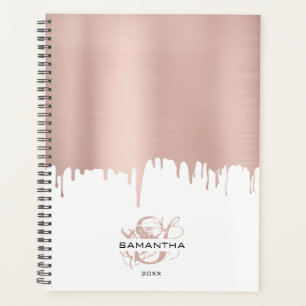 Trendy Rose Pink Gold Metallic Drips Monogram Planner