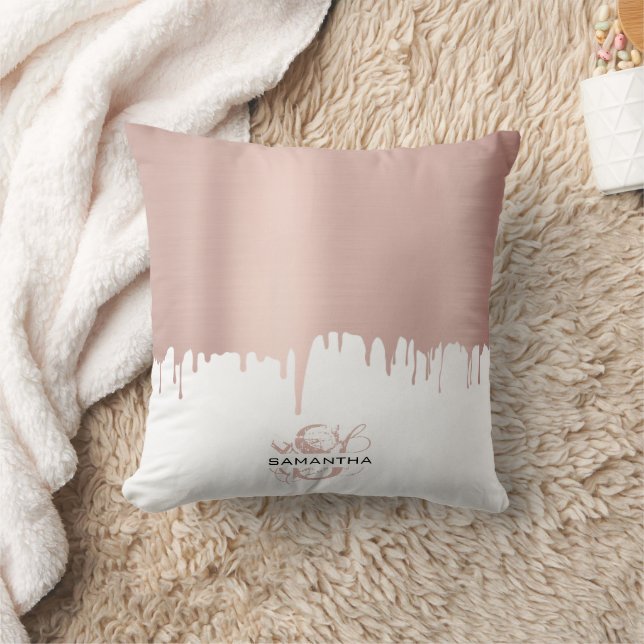 Trendy Rose Pink Gold Metallic Drips Monogram Throw Pillow (Blanket)