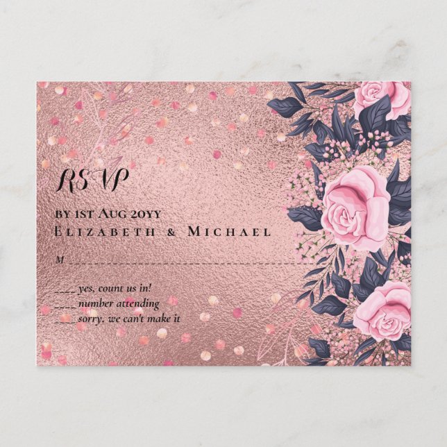 Trendy ROSEGOLD Wedding Metallic Pink Navy Glitter Postcard (Front)