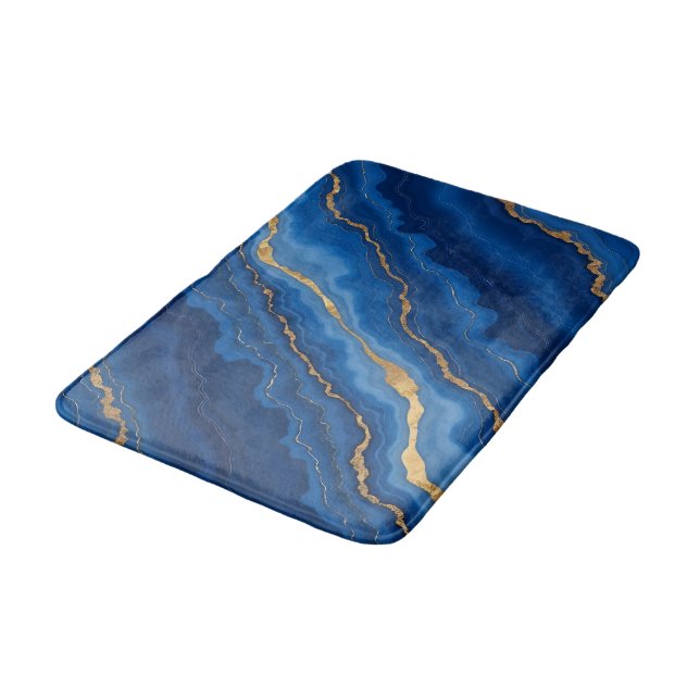 Trendy Royal Blue Gold Marble Collection Bath Mat (Angled)
