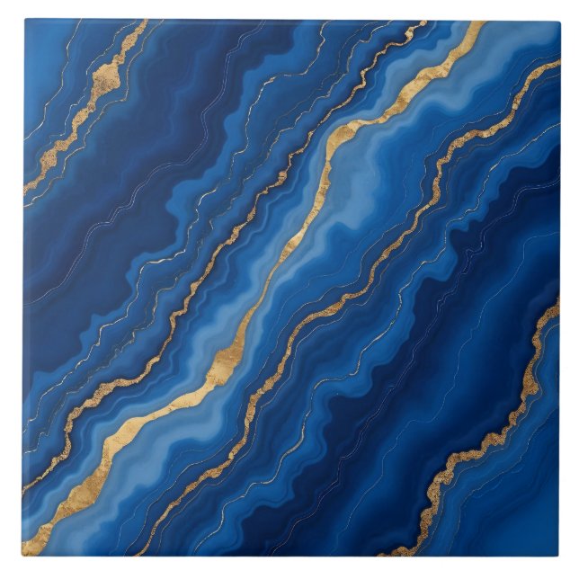 Trendy Royal Blue Gold Marble Collection Tile (Front)
