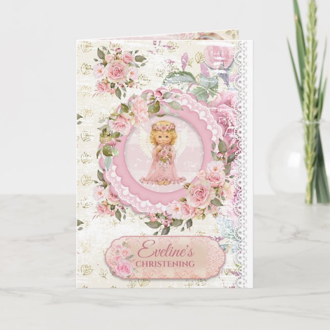 Trendy rustic shabby chic angels christening  invitation (Front)