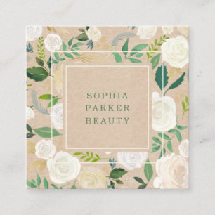Trendy Rustic White Floral on Kraft   Social Media Square Business Card